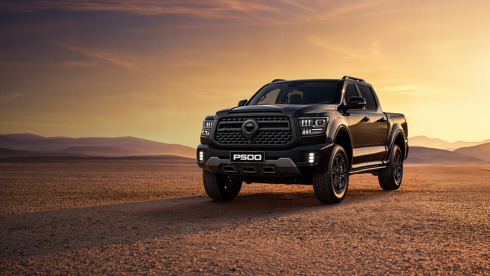 A black GWM P500 double cab in the desert at sunset, the flagship of the P-Series range