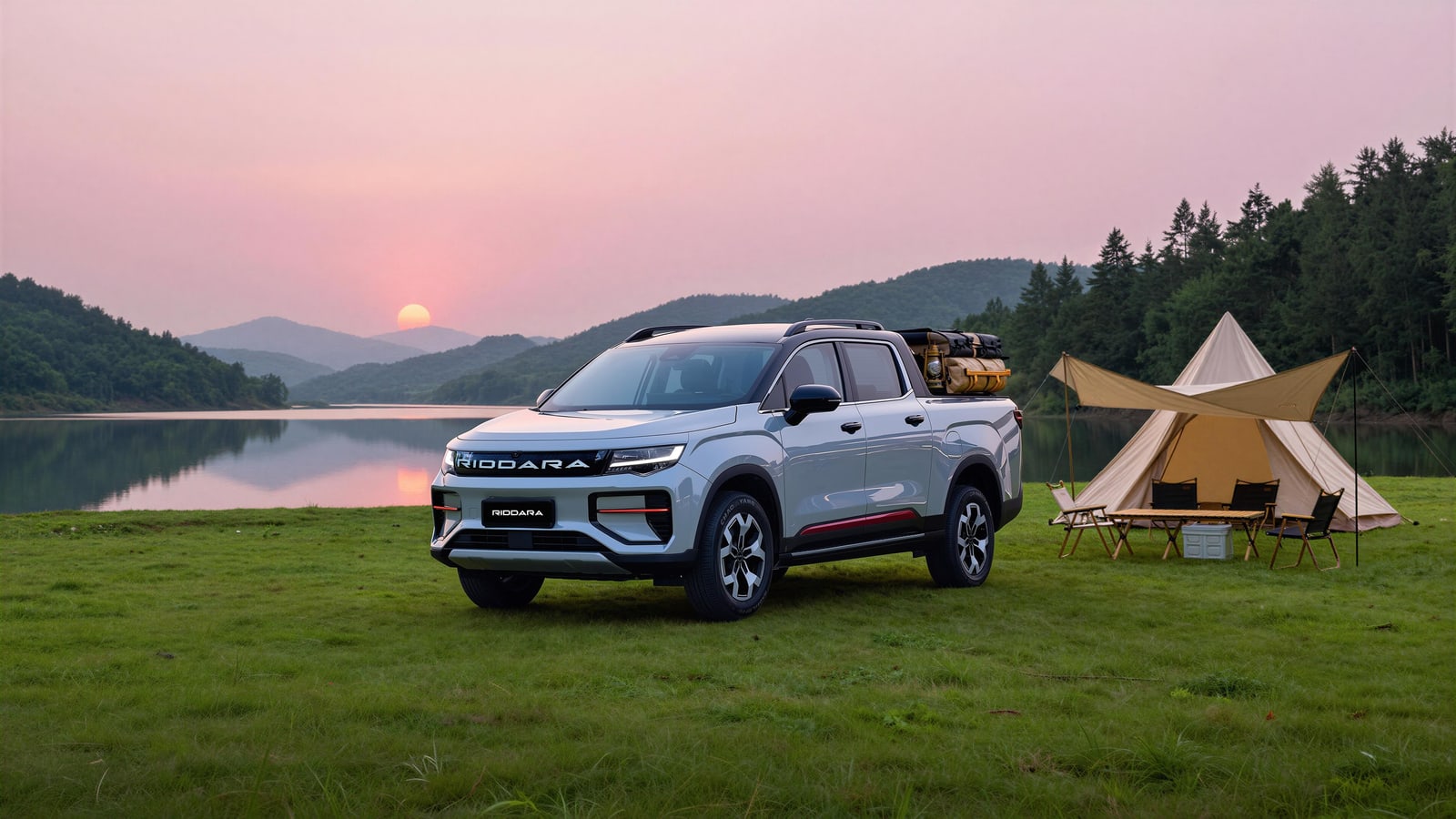 A white Geely Riddara RD6 electric double cab parked on lakeside grass at sunset beside a bell tent and camp chairs