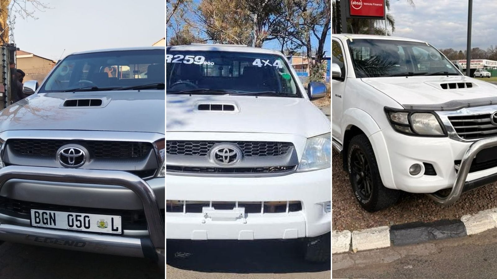 Three D-4D Hilux noses side by side: the 2005 to 2008 original, the 2009 to 2010 first facelift, and the 2011 to 2016 second facelift with the chevron grille