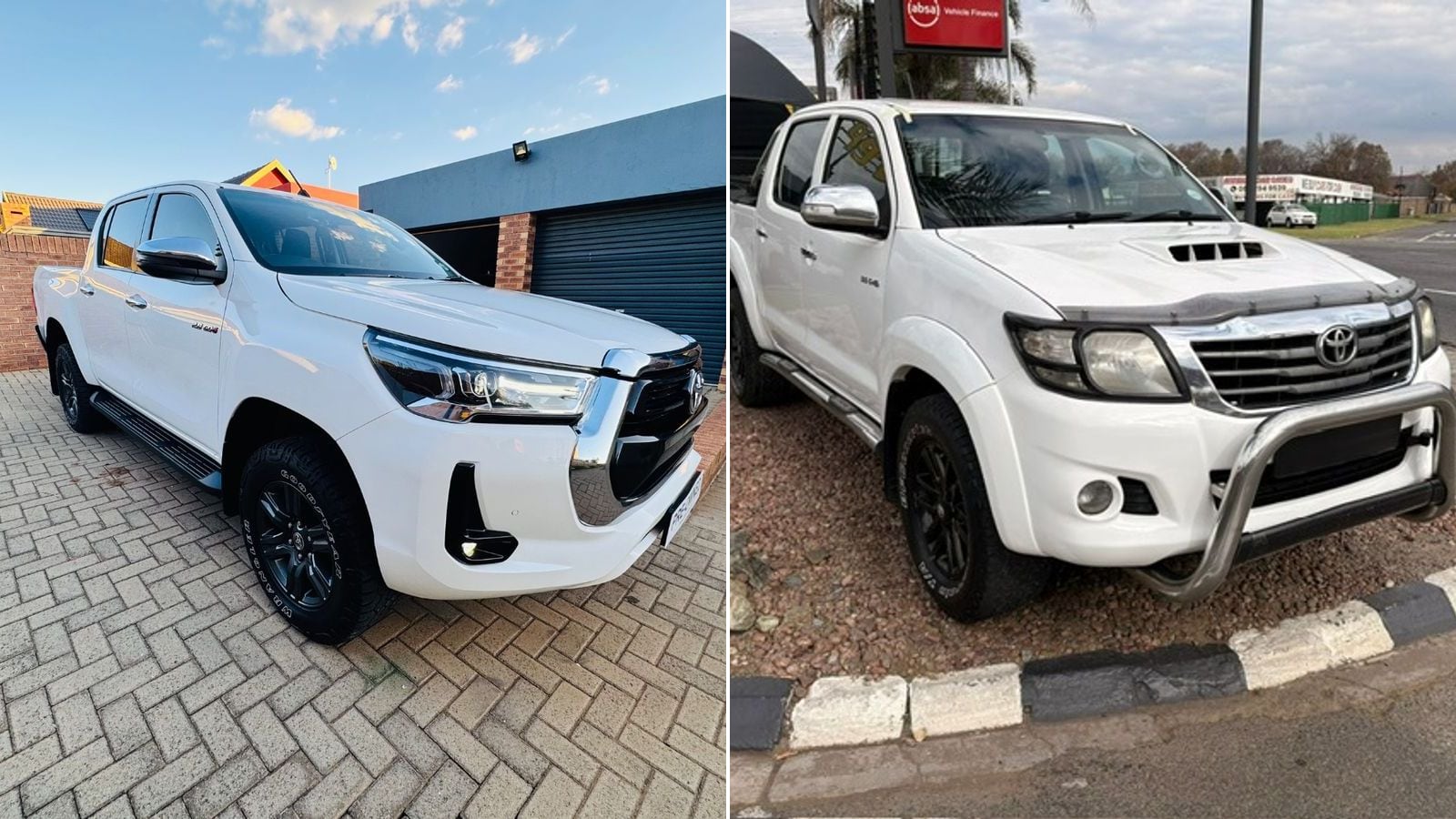 Two white Toyota Hilux Raider double cabs side by side: a 2024 2.8 GD-6 on the left and a 2013 3.0 D-4D with the bonnet scoop on the right