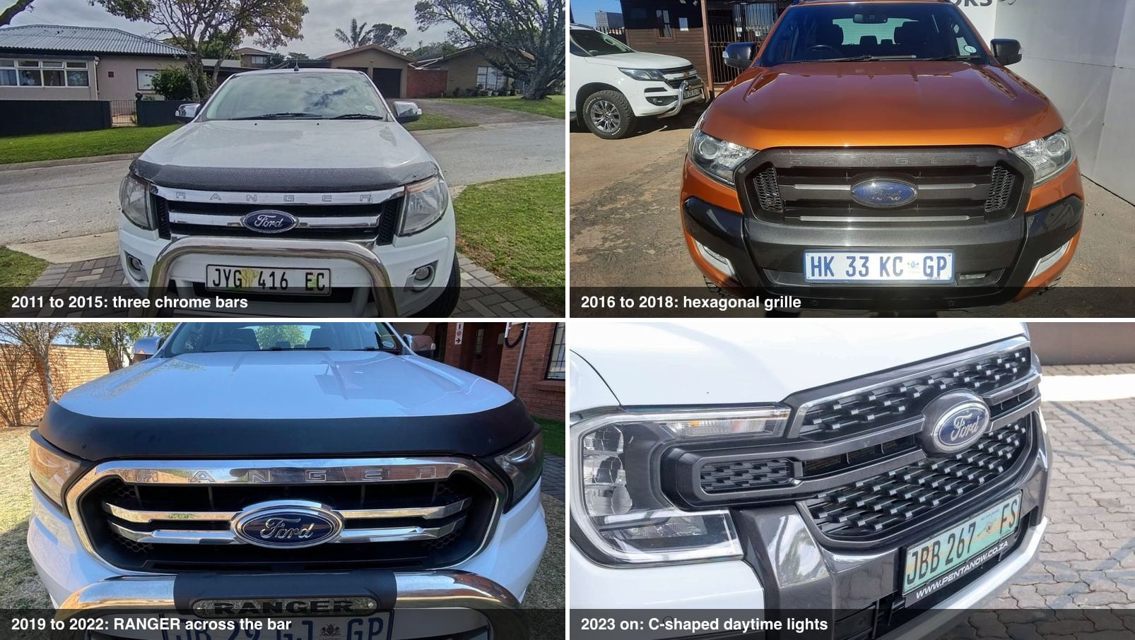 The four Ford Ranger faces since 2011, two by two: three chrome bars, hexagonal grille, RANGER lettering across the bar, and the new shape with C-shaped daytime lights