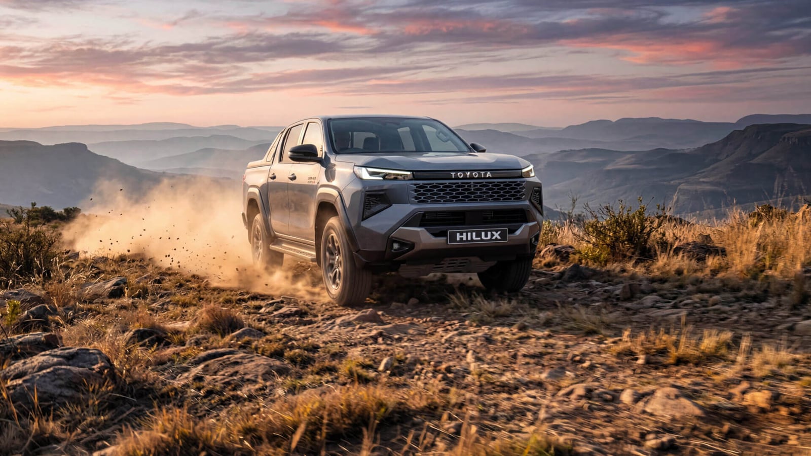 A Toyota Hilux double cab on a rocky mountain ridge at sunset, dust rising behind it